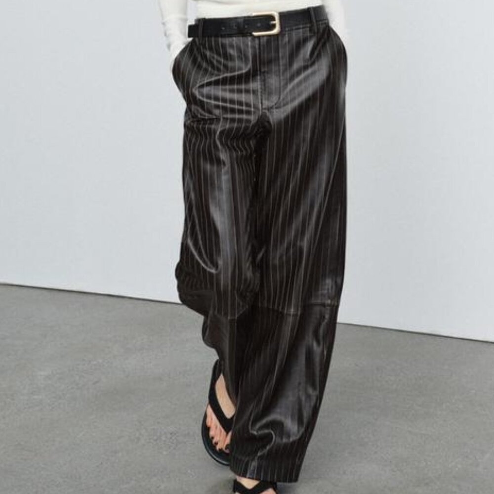 ZARA STRIPED LEATHER PANTS ZW COLLECTION LIMITED EDITION - Picture 2 of 7